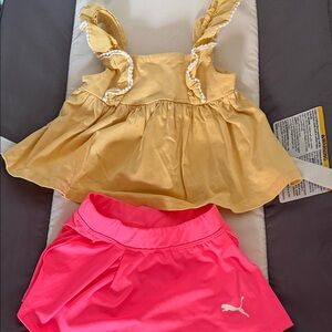 Puma Hot pink skirt, TB Yellow Ruffle Tank with Bright Pink Athletic Skort